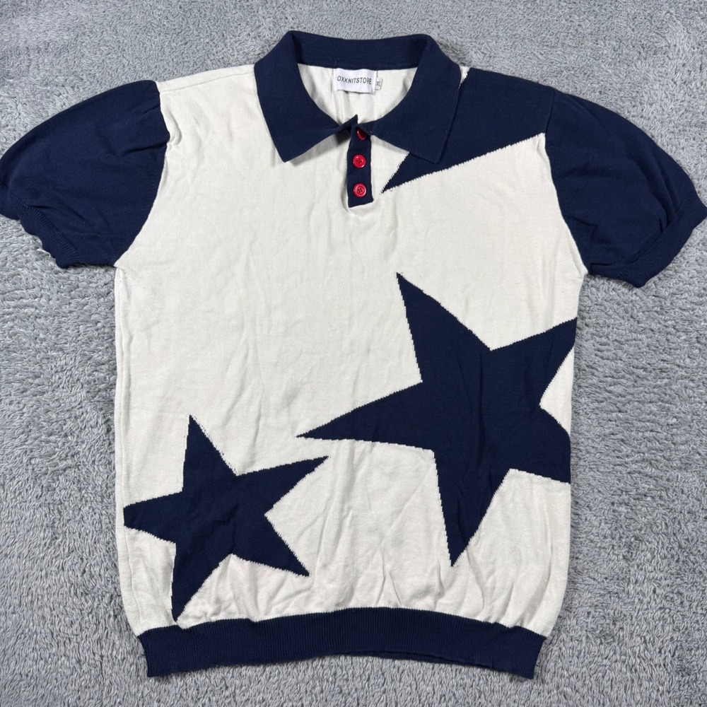 OXKNITSTORE Knit Polo Mens XL Cream Navy Blue Star Graphic Short Sleeve Sweater